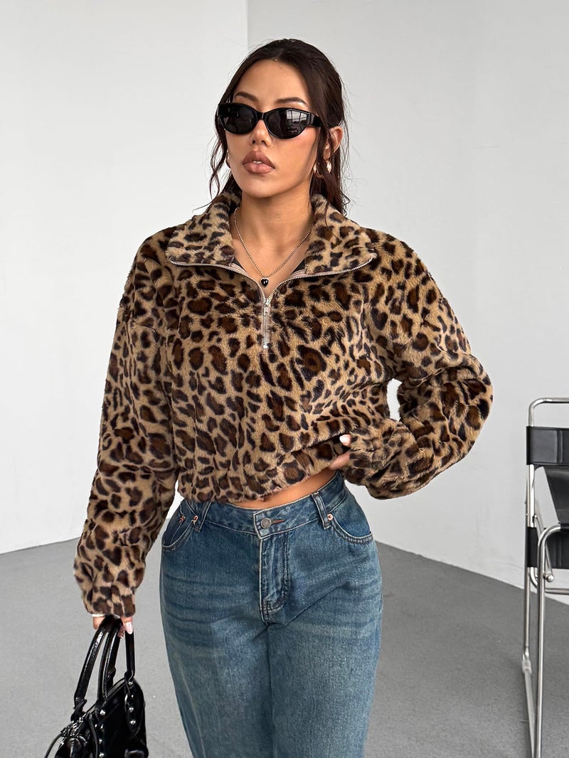 ZAFUL Women's Fashion Long Sleeve Lapel Half Zip Plain Faux Fur Sweatshirt Solid Color Crop Pullover Tops (2-Leopard,M) - Image 2